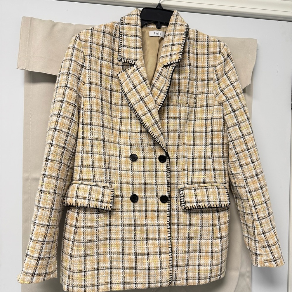 Fate Yellow Plaid Tweed Double-Breasted Blazer